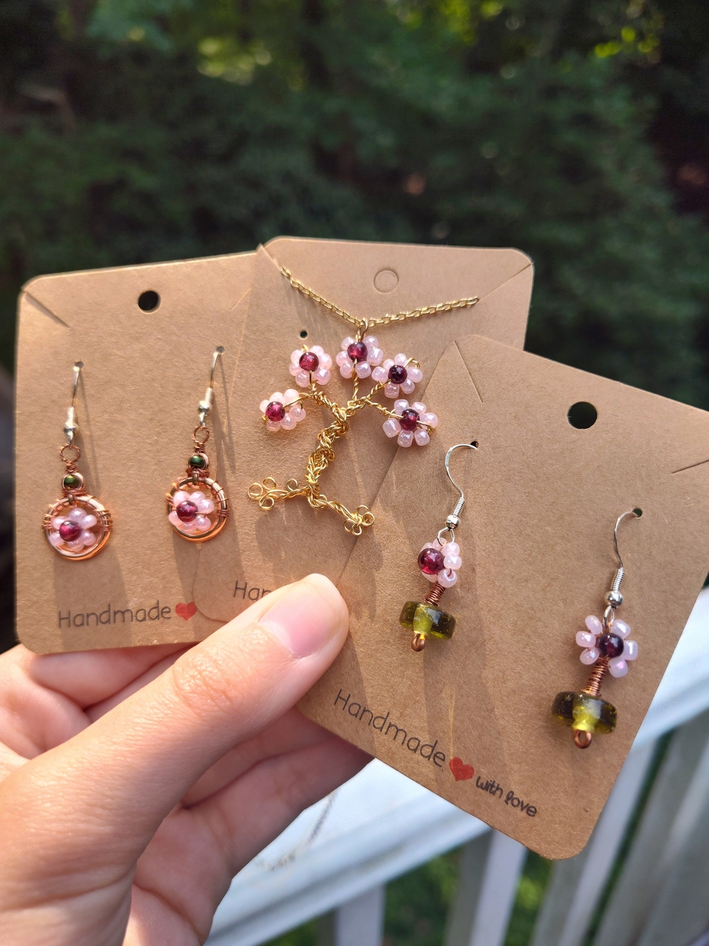 Handmade Pink Flower Bead Jewelry Set - Necklace & Earrings